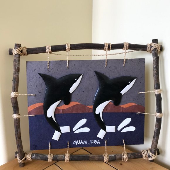 Orca Whale Guam Island Mixed Media 3D Wall Hanging 13x16" Tropical Ocean Life - Picture 1 of 7